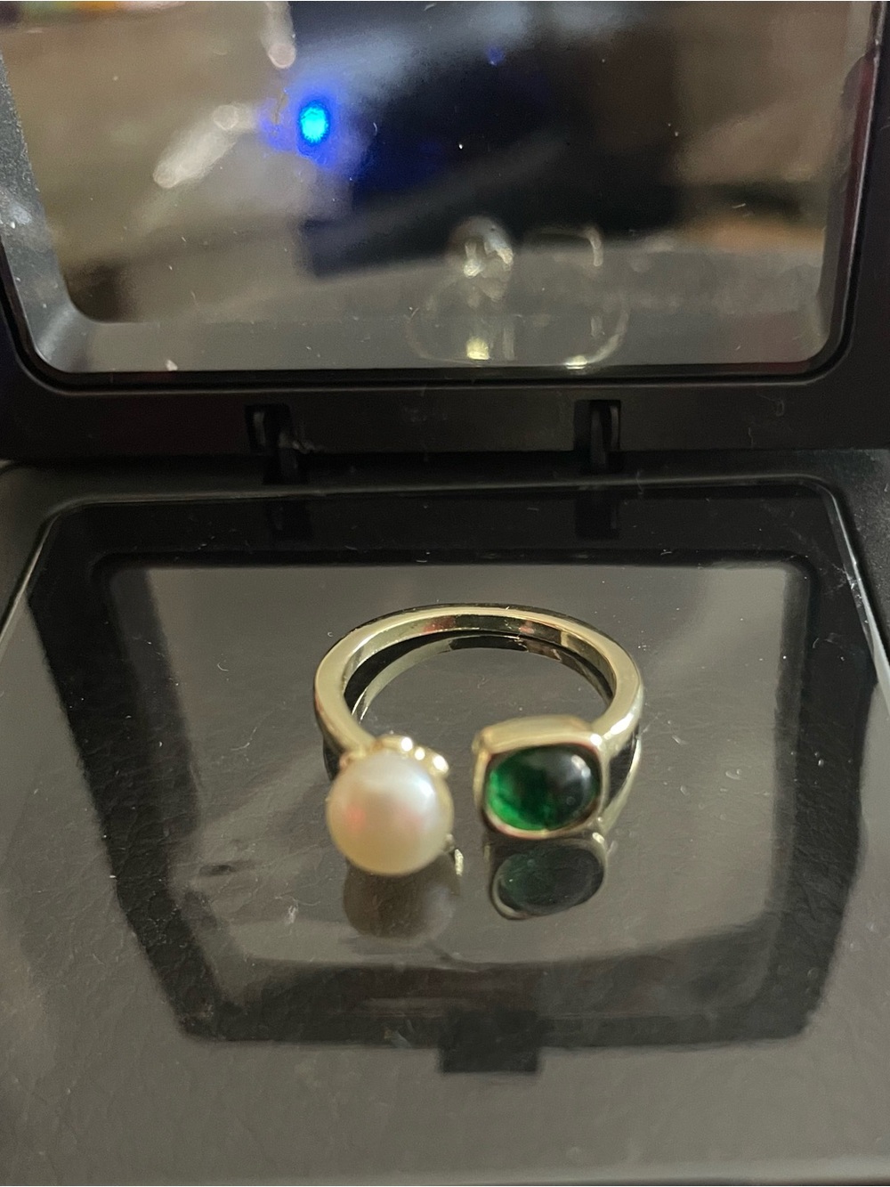 Elegant Gold Pearl and Emerald-Teal Stone Open Ring - Women Jewelry
